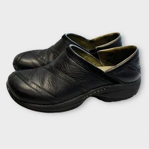 MERRELL Womens 7.5 Primo Patch Comfort Shoes Black Leather Slip On Casual Clog